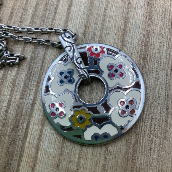 Brighton Jewelry - Brighton Epoxy Enamel Flowers Floral Circle Pendant Silver Tone Necklace